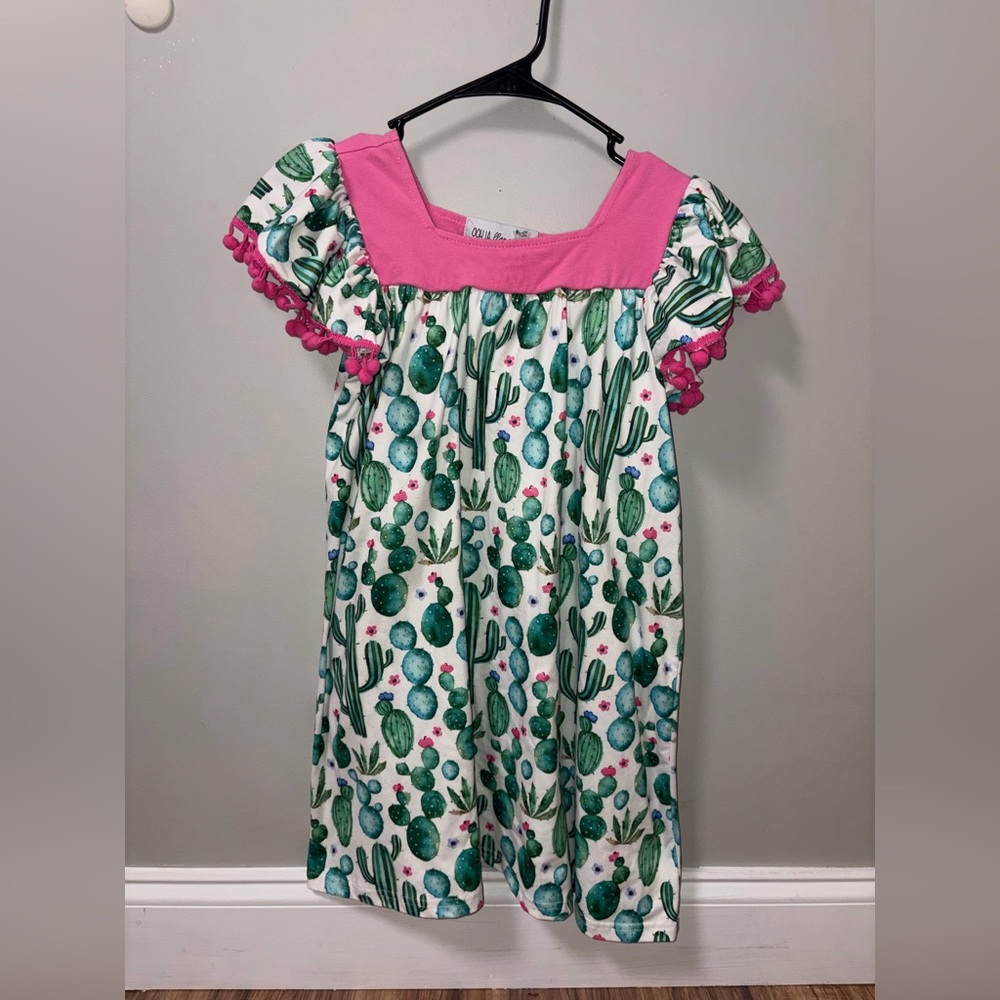 Ooh La Llama White Green Pink‎ Cactus Print Dress Square Neck Bubble Fringe 7/8